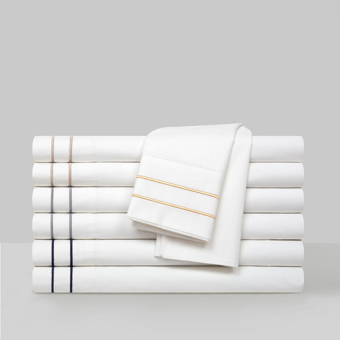 Chic Home Valencia Organic Cotton Sheet Set Solid White With Dual Stripe Embroidery - Includes 1 Flat, 1 Fitted Sheet, and 2 Pillowcases - 4 Piece - King 108x102, Gold - King