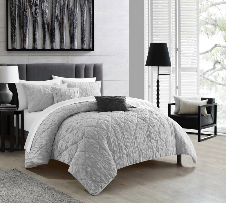 NY&C Home Leighton 9 Piece Comforter Set Diamond Stitched Design Crinkle Textured Pattern Bed In A Bag Bedding - Sheets Pillowcases Decorative Pillows Shams Included, King, Grey - King