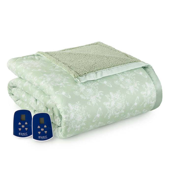 Shavel Micro Flannel Heating Technology Luxuriously Soft Floral Sherpa Electric Blanket - Twin 62x84" - Toile Celadon - Twin,Toile Celadon