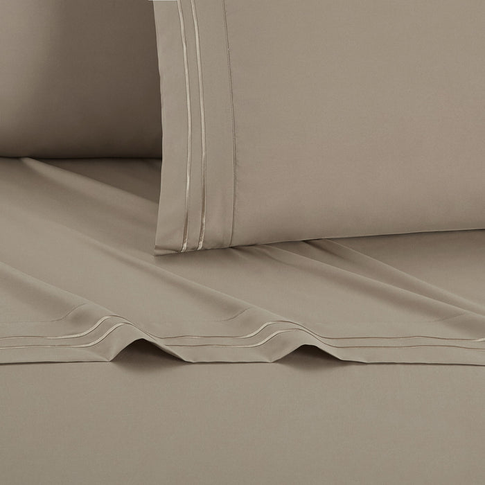 Chic Home Savannah Sheet Set Solid Color With Dual Stripe Embroidery - Includes 1 Flat, 1 Fitted Sheet, and 2 Pillowcases - 4 Piece - King 108x102", Taupe - Taupe