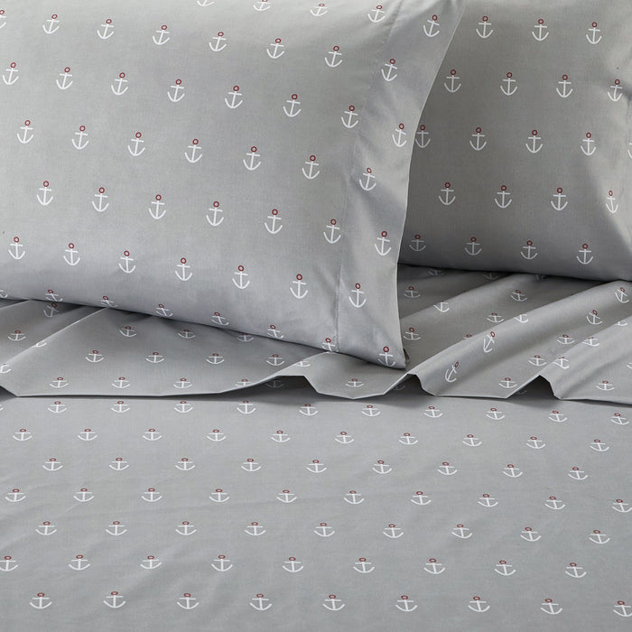 NY&C Home Marina 3 Piece Sheet Set Super Soft Nautical Theme Geometric Anchor Pattern Print Design – Includes 1 Flat, 1 Fitted Sheet, and 1 Pillowcase, Twin XL, Grey - Gray