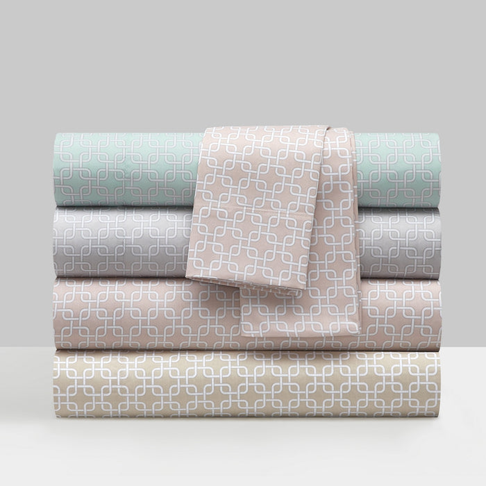 NY&C Home Lucille 4 Piece Sheet Set Super Soft Two-Tone Interlaced Geometric Pattern Print Design – Includes 1 Flat, 1 Fitted Sheet, and 2 Pillowcases, Queen, Light Blue - Light Blue