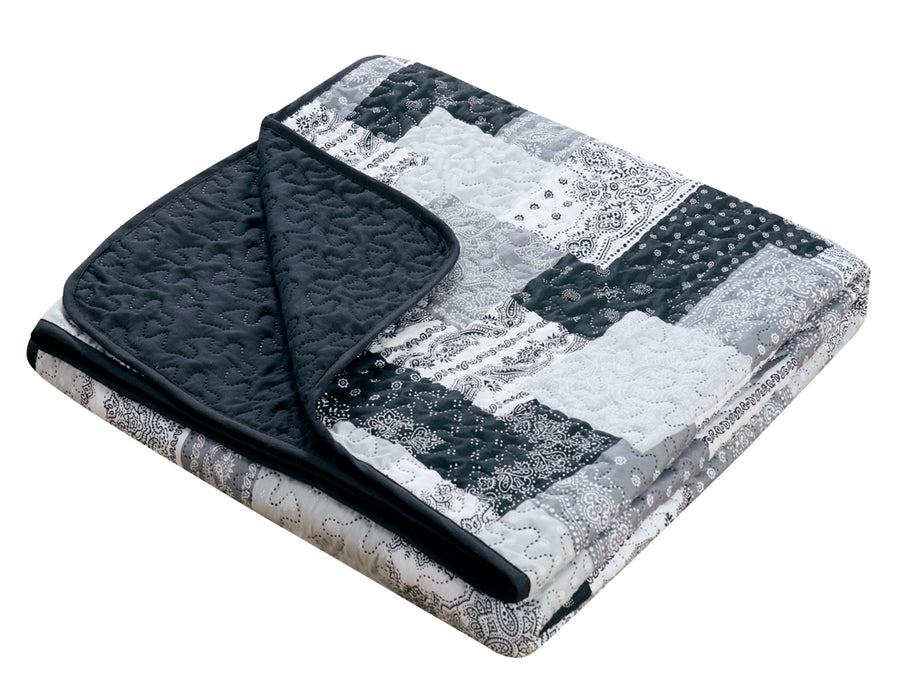 Chic Home Eliana 4 Piece Reversible Quilt Coverlet Set Embossed Patchwork Bohemian Paisley Print Quilted Design Bedding Queen Black - Queen