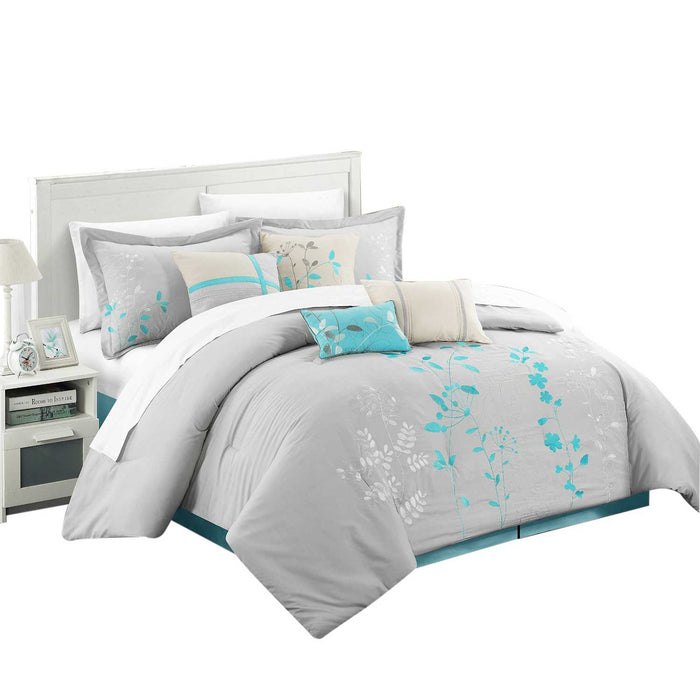 Chic Home Brooke Bliss Garden Embroidered 8 Pieces Comforter Set - King 110x90, Turquoise - King