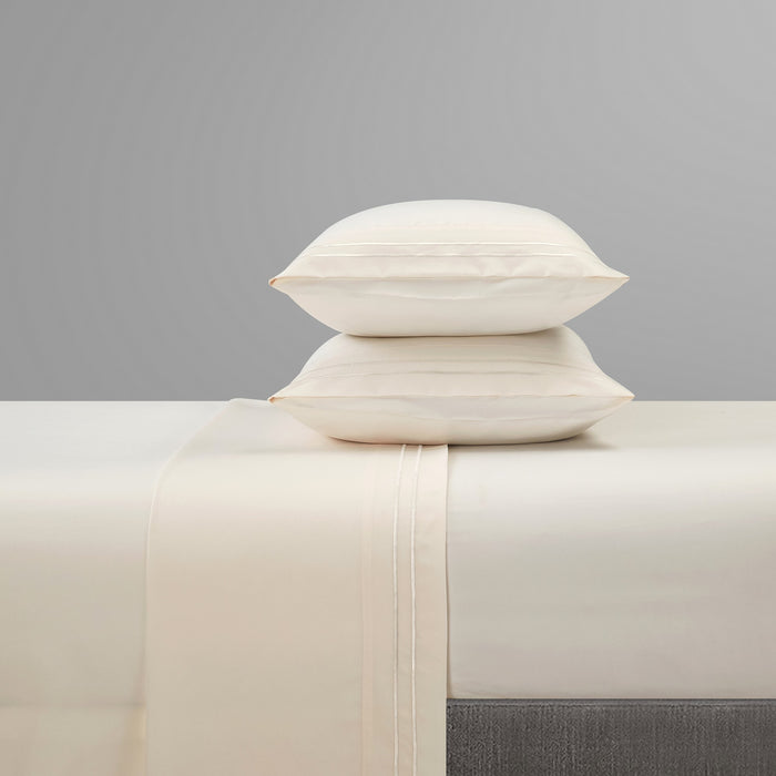Chic Home Savannah Sheet Set Solid Color With Dual Stripe Embroidery - Includes 1 Flat, 1 Fitted Sheet, and 2 Pillowcases - 4 Piece - King 108x102", Beige - Beige