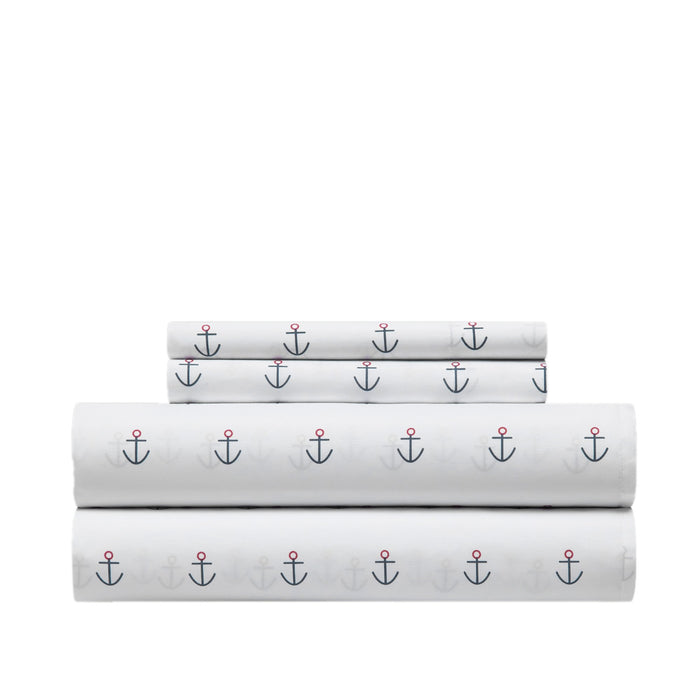 NY&C Home Marina 3 Piece Sheet Set Super Soft Nautical Theme Geometric Anchor Pattern Print Design – Includes 1 Flat, 1 Fitted Sheet, and 1 Pillowcase, Twin XL, White - White