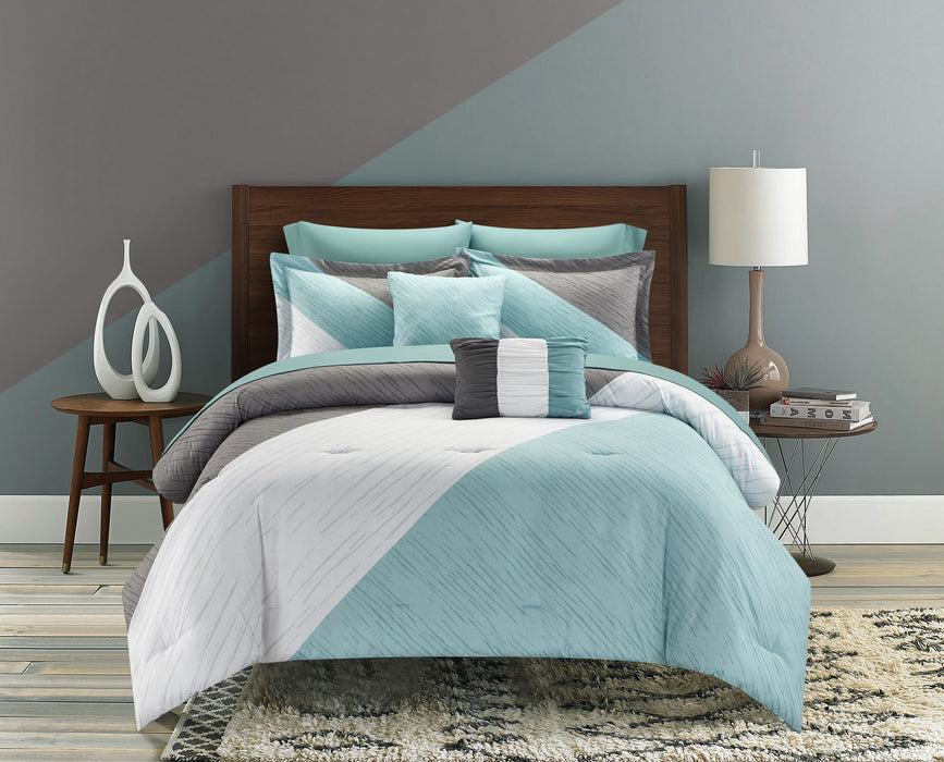 NY&C Home Kinsley 9 Piece Comforter Set Color Block Design Distressed Stripe Print Bed In A Bag Bedding - Sheets Pillowcases Decorative Pillows Shams Included, Queen, Blue - Queen