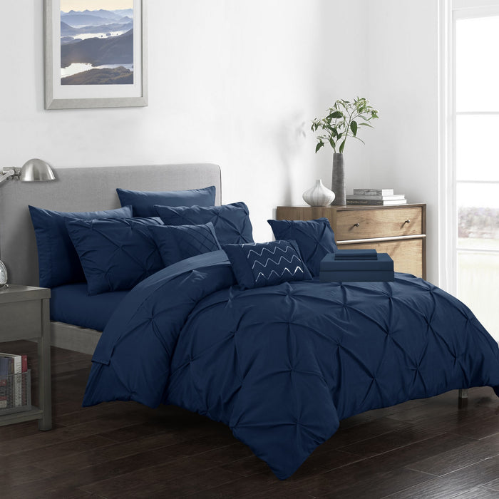 Chic Home Mycroft Pinch Pleated Ruffled Bed In A Bag Soft Microfiber Sheets 10 Pieces Comforter Decorative Pillows & Shams - Queen 90x90, Navy - Queen