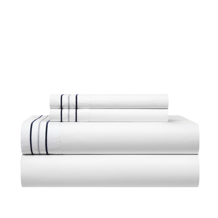 Chic Home Freya Organic Cotton Sheet Set Solid White With Dual Stripe Embroidery Zipper Stitching Details - Includes 1 Flat, 1 Fitted Sheet, and 2 Pillowcases - 4 Piece - King 108x102, Blue - King