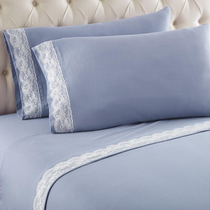 Shavel Micro Flannel Quality Lace-Edged Sheet Set - Twin Flat/Fitted Sheet 66x96/75x39x14" Pillowcase 21x32" - Wedgewood. - Twin,Wedgewood