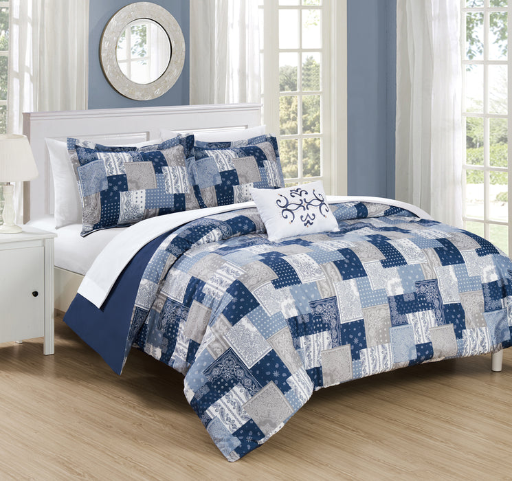 Chic Home Utopia 8 Piece Reversible Duvet Cover Set Patchwork Bohemian Paisley Print Design Bed in a Bag Queen Blue - Queen