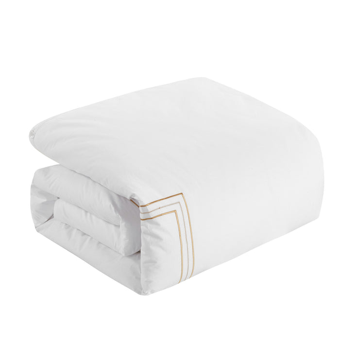 Chic Home Alexander Cotton Duvet Cover Set Solid White With Dual Stripe Embroidered Hotel Collection Bedding - Includes Two Pillow Shams - 3 Piece - King 106x96, Gold - King