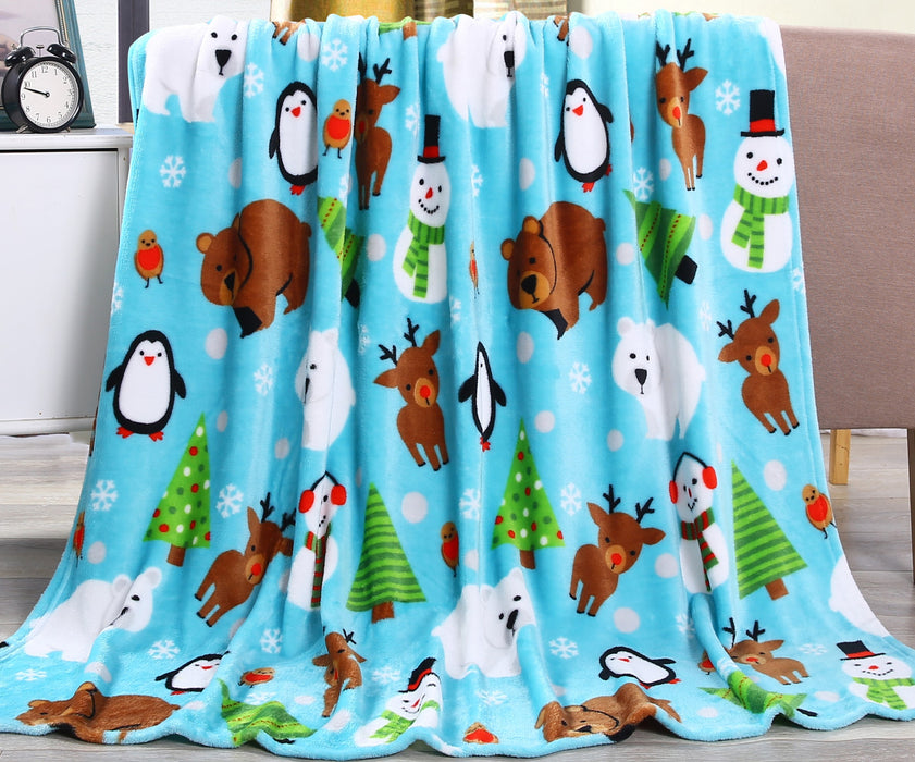 Plazatex Holiday Pals Micro plush Design All Season Blue Color 50" X 60" Throw Blanket