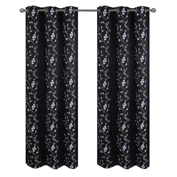 RT Designer Collection Lilian Embroidered Blackout Luxurious Decorative Grommet Curtain Panel Black