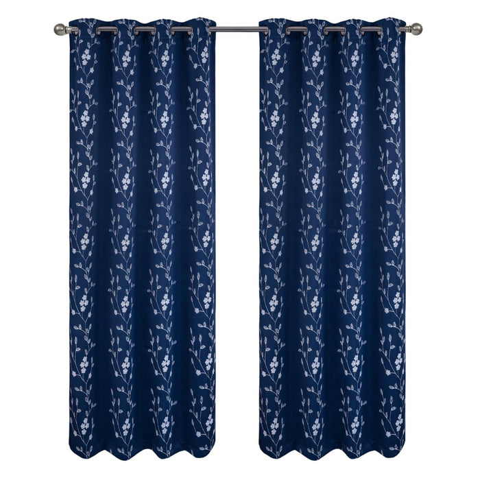 RT Designer Collection Lilian Embroidered Blackout Luxurious Decorative Grommet Curtain Panel Navy