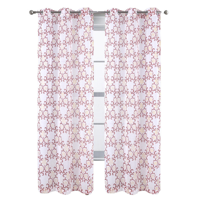 RT Designers Collection Crown Grommet Sheer Metallic Printed Doily Curtain Panel Burgundy