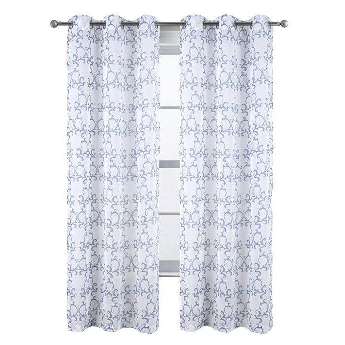 RT Designers Collection Crown Grommet Sheer Metallic Printed Doily Curtain Panel Blue