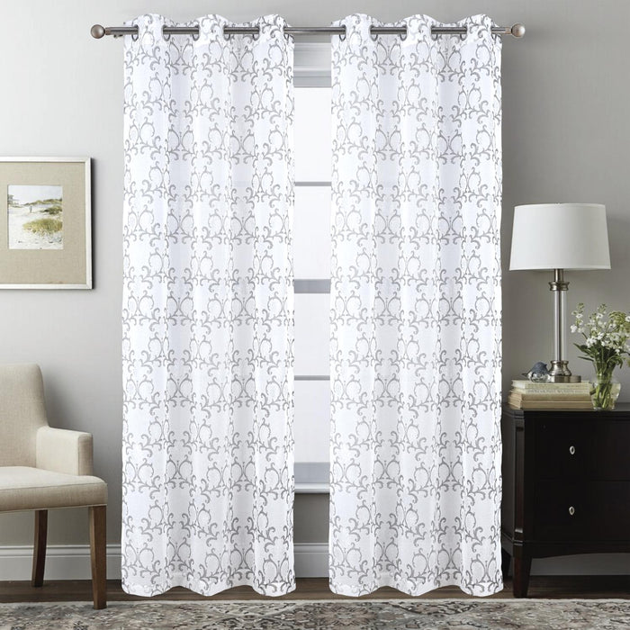 RT Designers Collection Crown Grommet Sheer Metallic Printed Doily Curtain Panel Silver