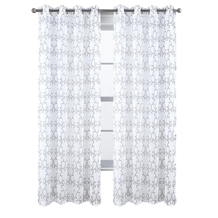 RT Designers Collection Crown Grommet Metallic Sheer Printed Doily Curtain Panel Pair 36" x 84" Silver