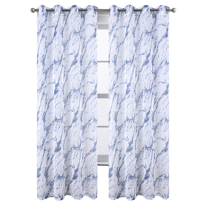 RT Designers Collection Marble Grommet Metallic Sheer Printed Doily Curtain Panel Pair 36" x 84" Blue